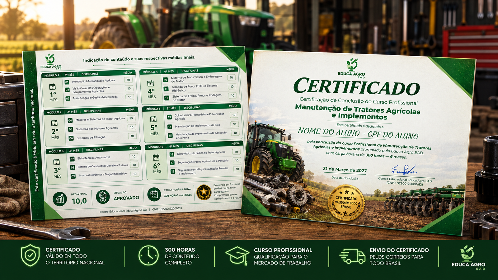 Certificado do Curso Profissional de Manutenção de Tratores Agrícolas e Implementos — frente com o nome do aluno e verso com as notas das 18 disciplinas